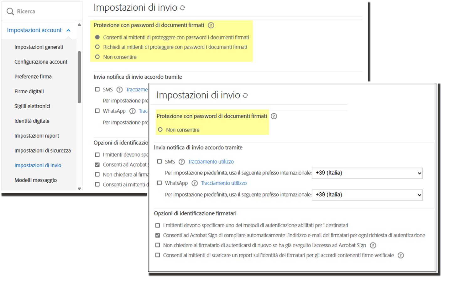 Controlli per la protezione del documento firmato tramite password sia nella vista originale che con le opzioni per aggiungere una password soppressa.