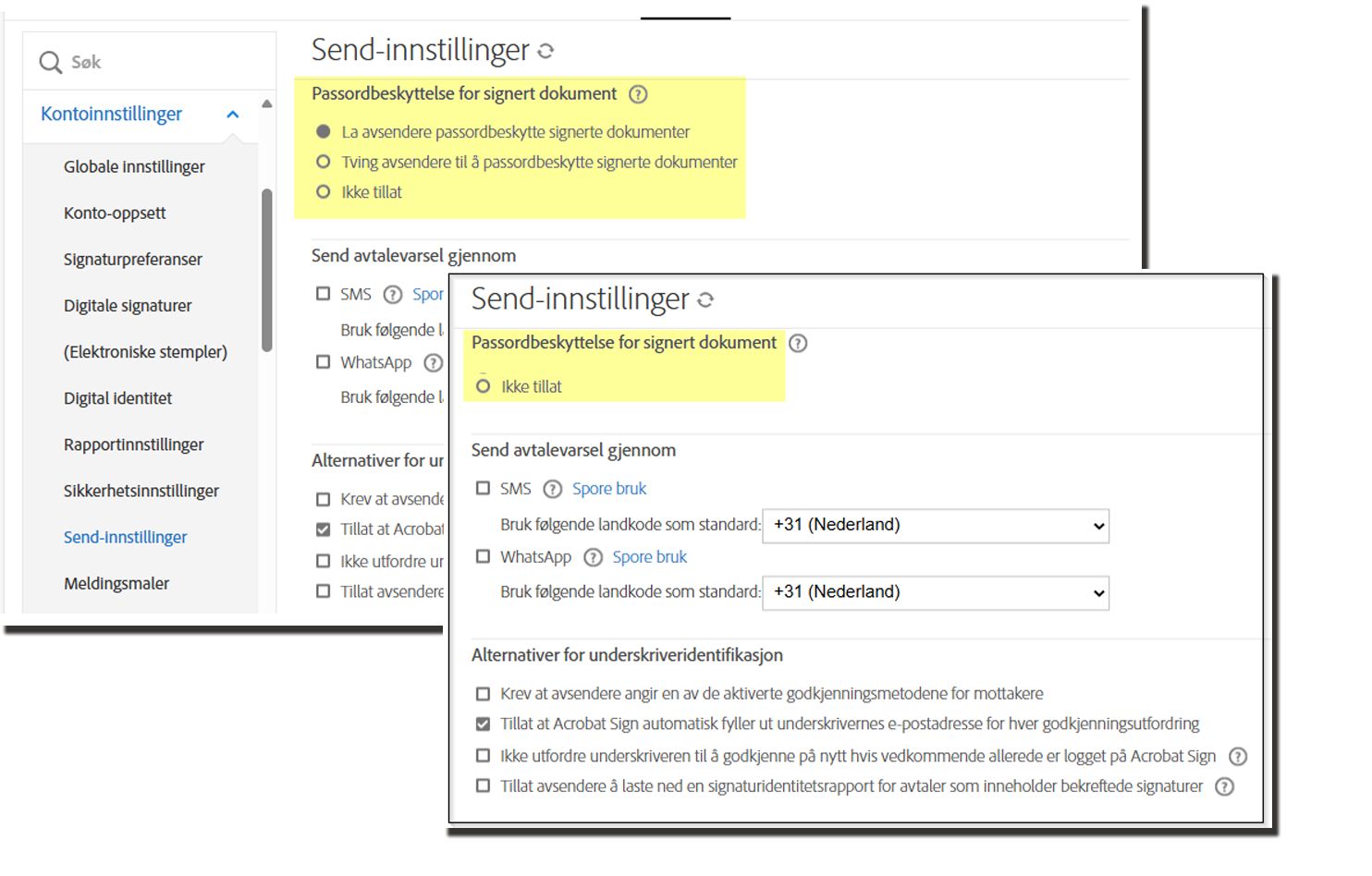 Besturingselementen voor wachtwoordbeveiliging van ondertekende documenten in zowel de oorspronkelijke weergave als met de opties om een wachtwoord toe te voegen onderdrukt.