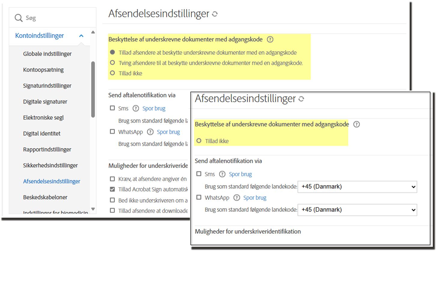 Beskyttelse af underskrevne dokumenter med adgangskode styrer både den oprindelige visning og med mulighed for at tilføje en adgangskode undertrykt.