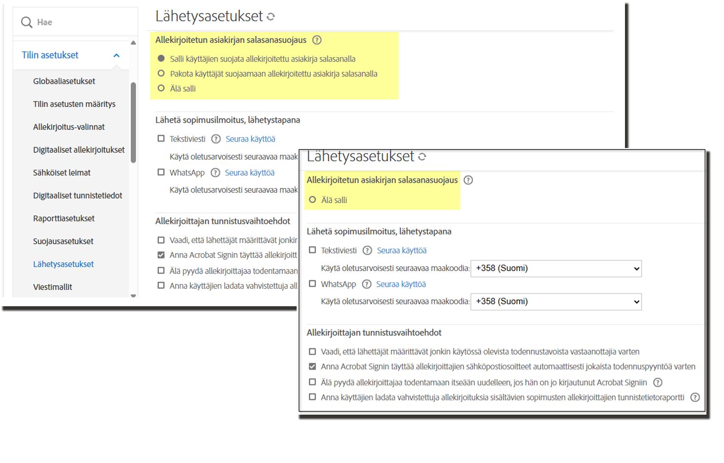 Allekirjoitettujen asiakirjojen salasanasuojausasetukset sekä alkuperäisessä näkymässä että vaihtoehdot lisätä salasana estettyinä.