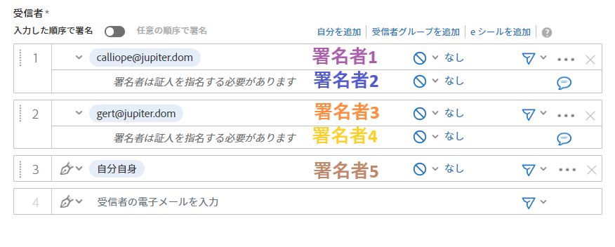 テキストタグで使用される署名インデックスを含む作成ページが、受信者リストの受信者とインラインで追加されます。
