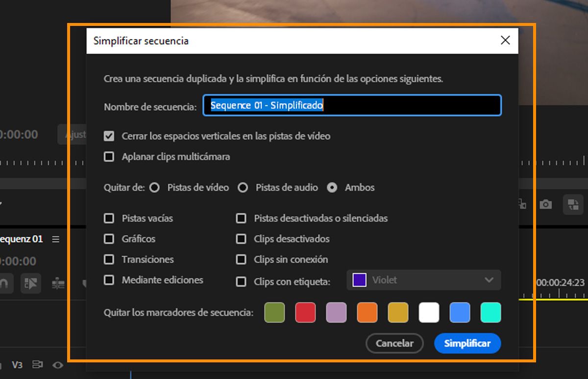 Cuadro de diálogo Simplificar secuencia que muestra opciones para cerrar espacios verticales, aplanar clips multicámara y quitar elementos de las pistas.