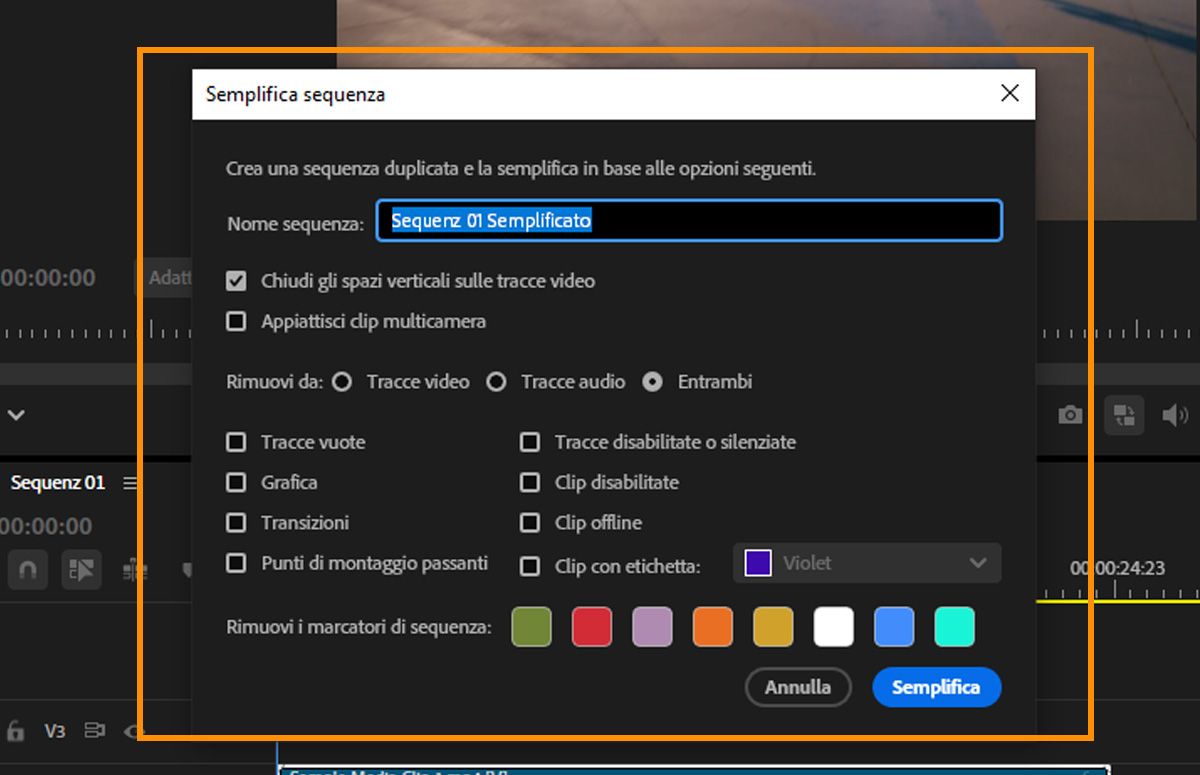 Finestra di dialogo Simplify Sequence che mostra le opzioni per chiudere gli spazi verticali, appiattire le clip Multi-Camera e rimuovere elementi dalle tracce.
