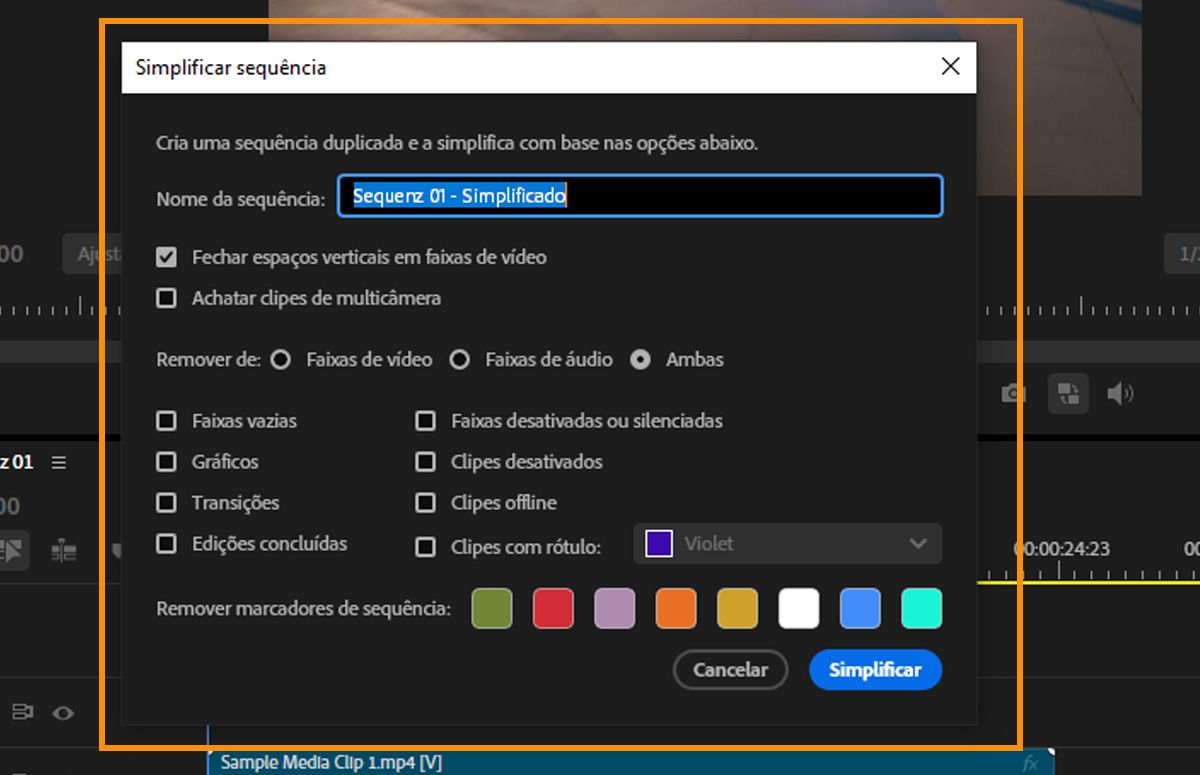 Caixa de diálogo Simplificar sequência mostrando opções para fechar lacunas verticais, nivelar clipes Multi-Camera e remover elementos das faixas.