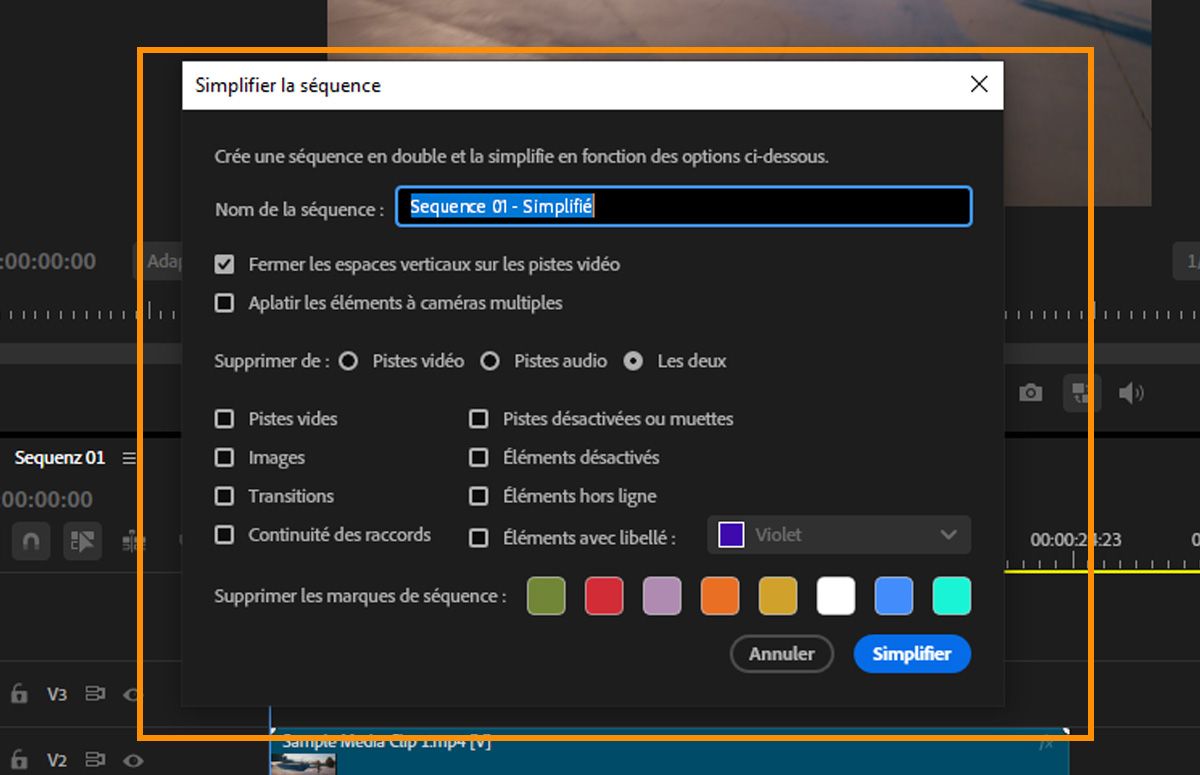 Boîte de dialogue Simplifier la séquence affichant les options pour fermer les espaces verticaux, aplatir les clips Multi-Camera et supprimer les éléments des pistes.