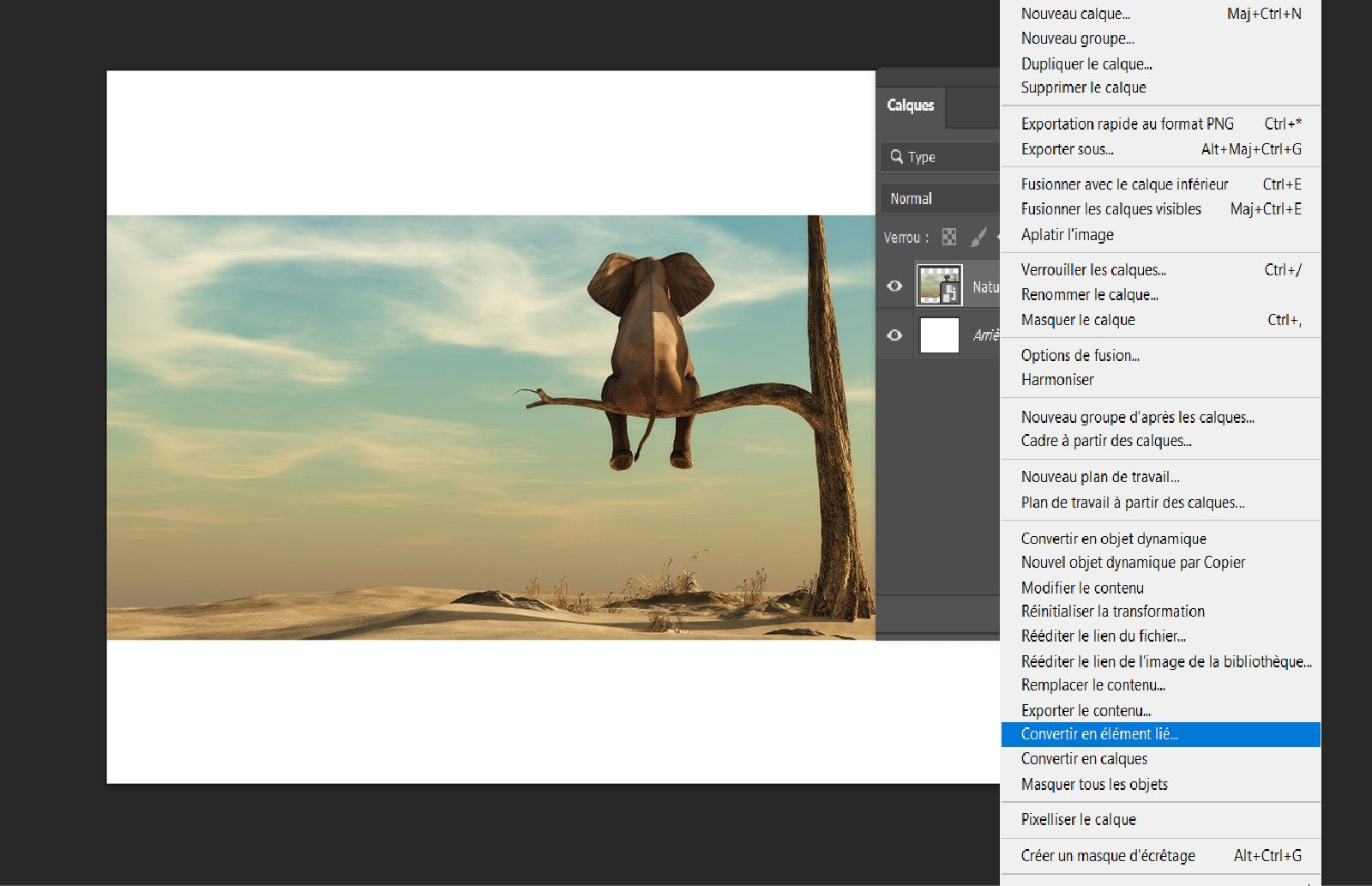 Le calque d’objet dynamique est sélectionné dans le panneau Calques, où l’option Convertir en élément lié est mise en surbrillance dans le menu contextuel.