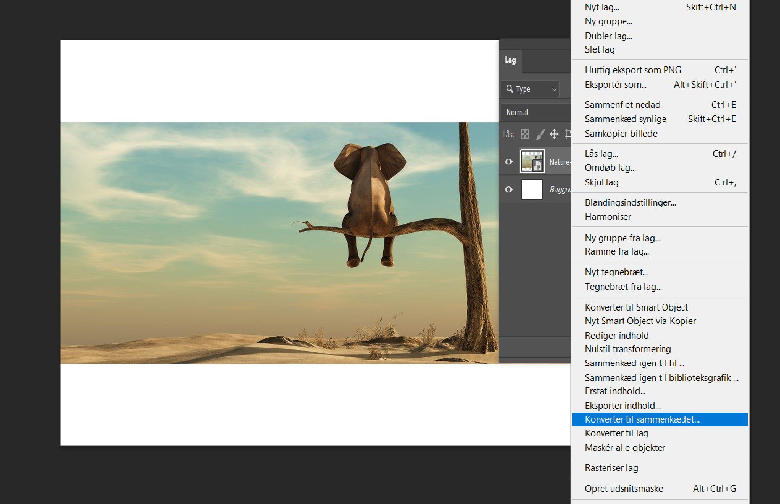 Smart Object-laget er valgt i panelet Lag, hvor indstillingen Konvertér til sammenkædet er fremhævet i genvejsmenuen.