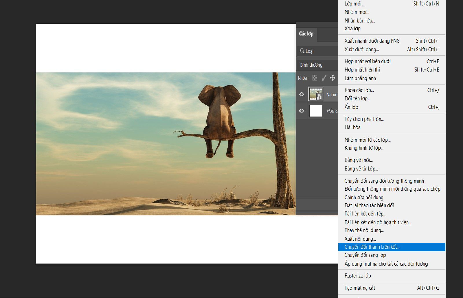 Lớp Đối tượng thông minh được chọn trong bảng Lớp với tùy chọn Chuyển đổi thành liên kết được làm nổi bật trong menu ngữ cảnh.