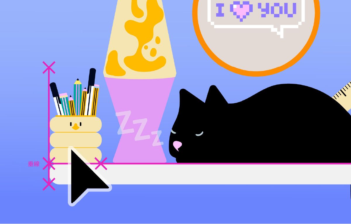 デスクの端に対して 90 度の角度で配置されたペンスタンド。