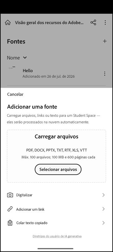 Tela do Space do aluno com opções para adicionar conteúdo de origem e inserir uma solicitação de estudo.