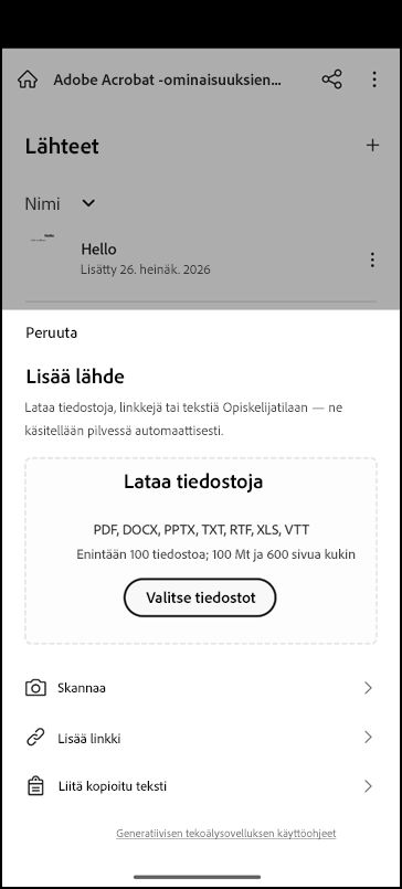 Student Spaces -näyttö, jossa on vaihtoehdot lähdesisällön lisäämiseen ja opiskelupyynnön syöttämiseen.