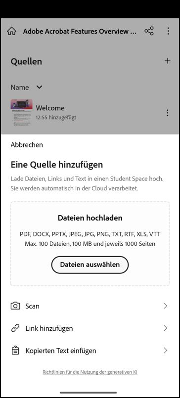 Student Space-Bildschirm mit Optionen zum Hinzufügen von Quellinhalten und Eingeben einer Studienanfrage.