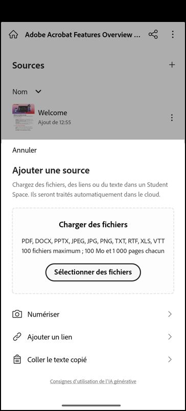 Écran du Student Space avec des options permettant d’ajouter du contenu source et de saisir une demande.
