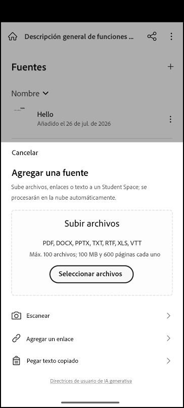 Pantalla de Student Space con opciones para agregar Contenido fuente e introducir una solicitud de estudio.
