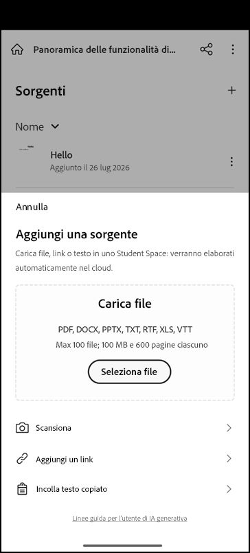 Schermata Student Space con opzioni per aggiungere contenuto di origine e inserire una richiesta di studio.