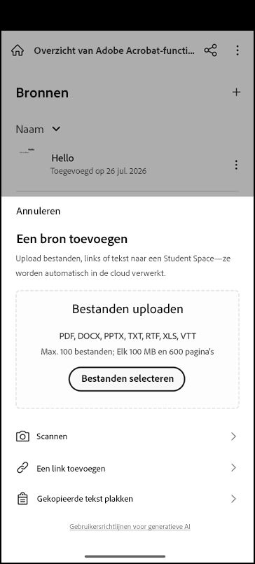 Student Space-scherm met opties voor het toevoegen van broninhoud en het invoeren van een studieverzoek.