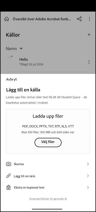 Student Space-skärm med alternativ för att lägga till källinnehåll och ange en studieförfrågan.