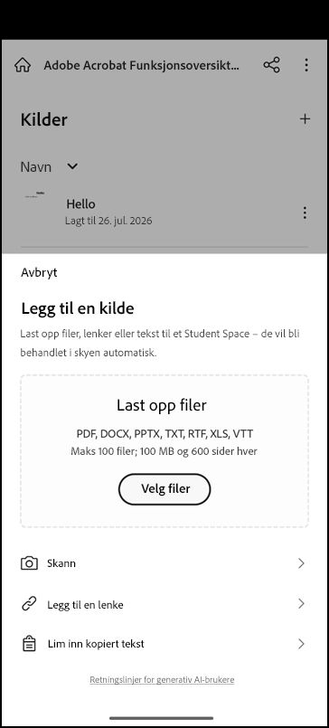 Student Space-skjerm med alternativer for å legge til kildeinnhold og skrive inn en studieforespørsel.