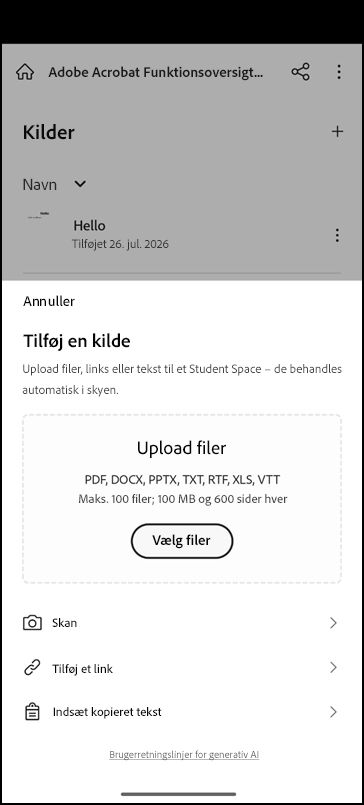 Student Space-skærm med muligheder for at tilføje kildeindhold og indtaste en studieanmodning.