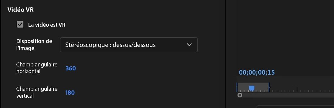 Dans la section Vidéo VR des Paramètres d’export, l’option « La vidéo est en VR » est cochée pour spécifier qu’il s’agit d’une vidéo VR, et d’autres détails essentiels sont répertoriés pour la configuration avant l’export finale.
