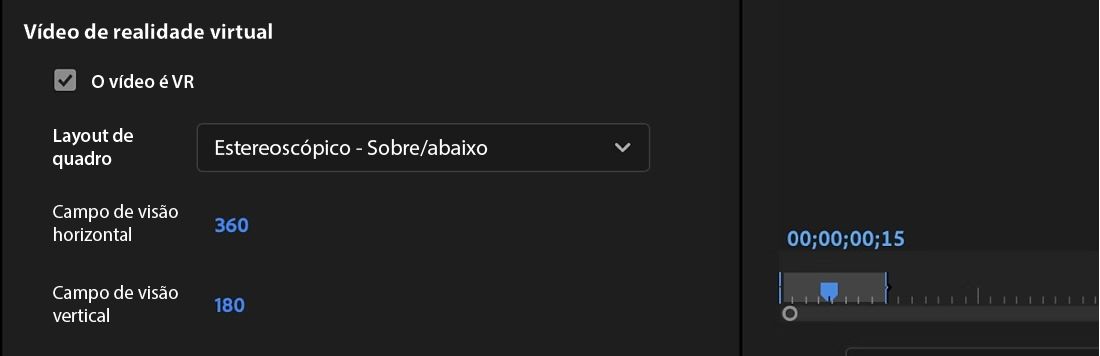 Na seção “Vídeo de RV” das “Configurações de exportação”, a opção “O vídeo é RV” está marcada para especificar que o vídeo é um vídeo de RV, e outros detalhes importantes estão listados para configuração antes da exportação final.
