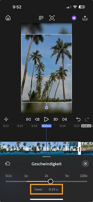 Das Bedienfeld Geschwindigkeit wird geöffnet. Der Dauerwert wird unter der Geschwindigkeitsleiste hervorgehoben, damit angezeigt, wie die Wiedergabegeschwindigkeit die Clip-Länge beeinflusst.