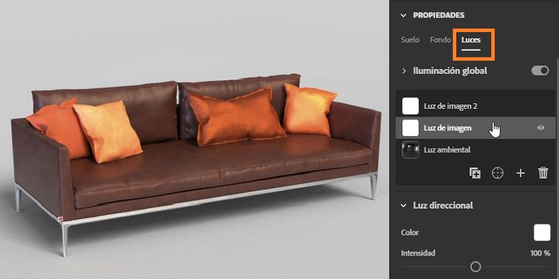 Utilice el sistema de capas de iluminación basada en imagen para crear iluminación ambiental personalizada; para ello, vaya a Propiedades y Luz.