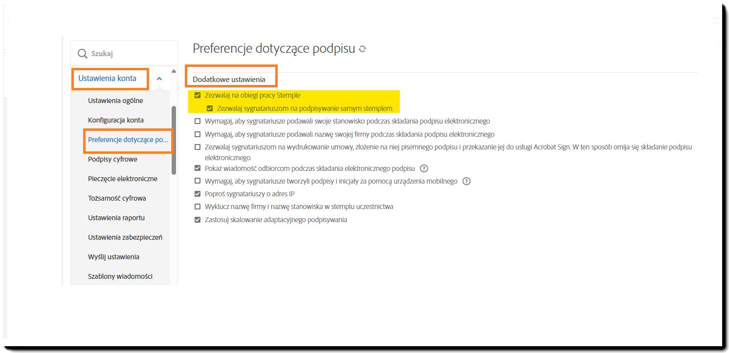 Menu administratora Preferencje dotyczące podpisu z wyróżnieniem elementów sterujących obiegiem pracy Stemple.