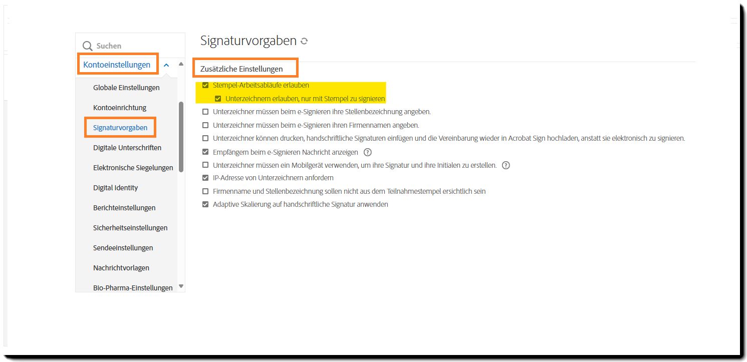 Das Admin-Menü „Signaturvorgaben“ mit hervorgehobenen Steuerelementen für den Stempel-Workflow.