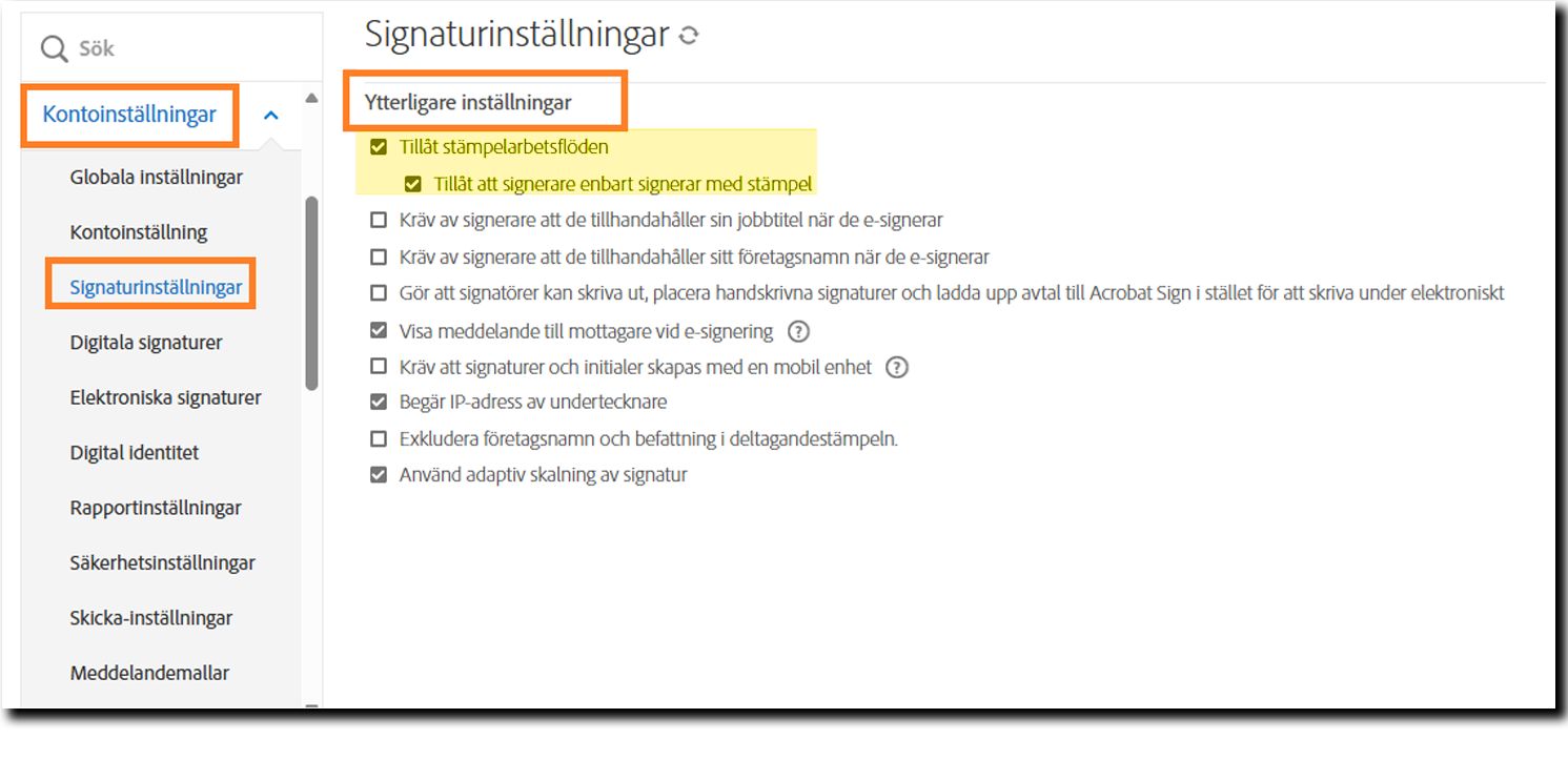 Administratörsmenyn Signaturinställningar med kontrollerna för stämpelarbetsflöde markerade.
