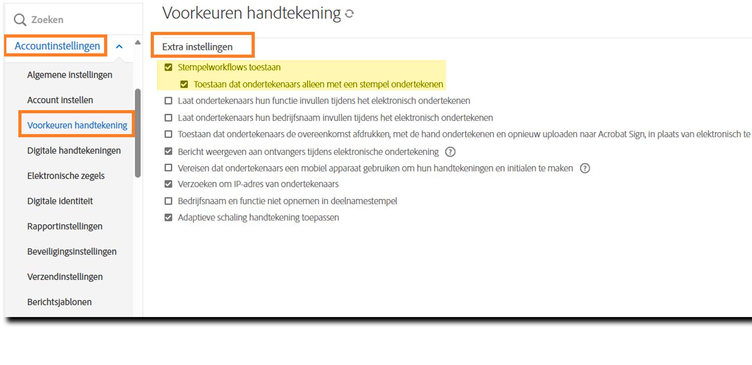 Het beheerdersmenu Handtekeningvoorkeuren met de besturingselementen voor de stempelworkflow gemarkeerd.