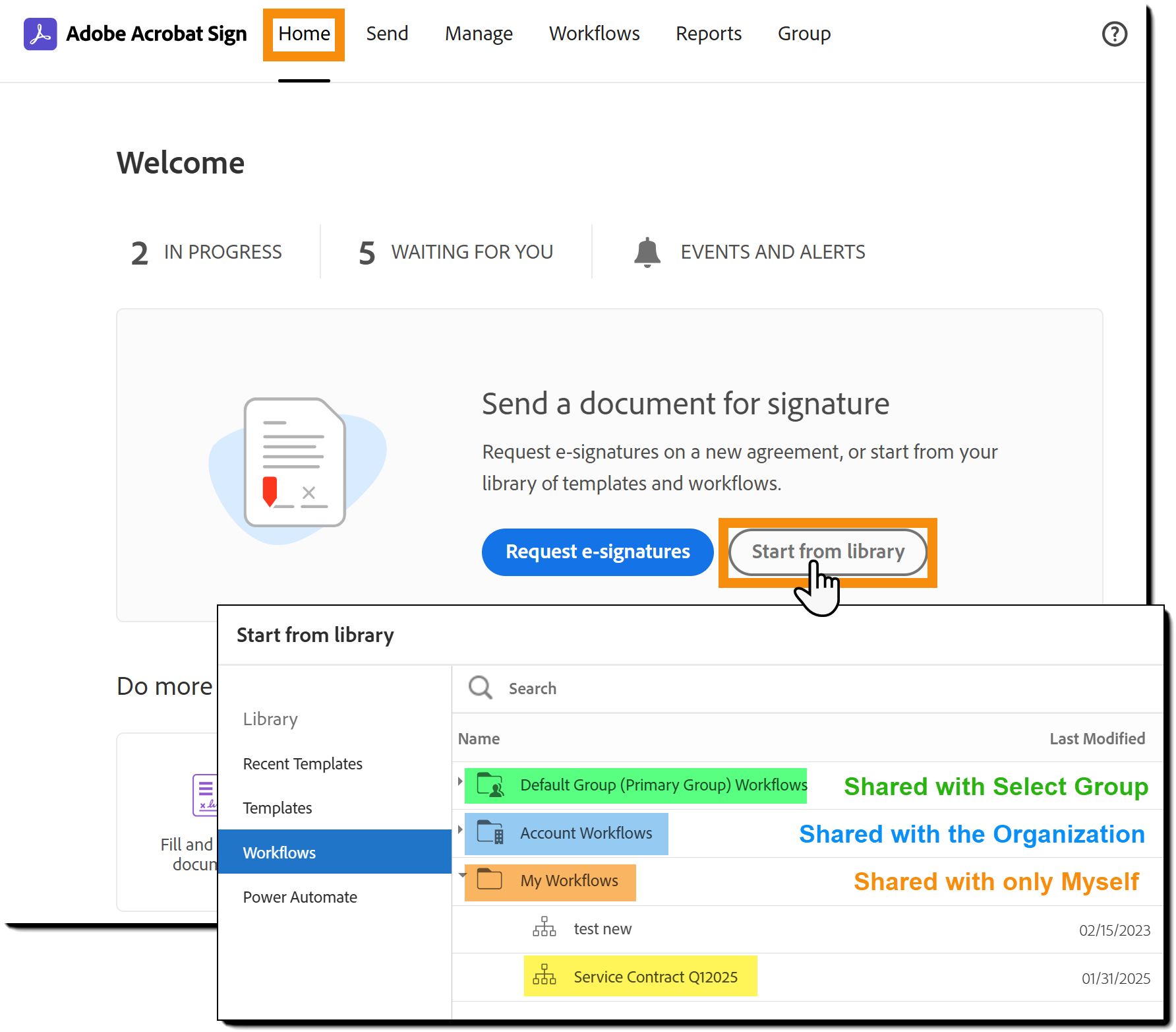 Een workflow versturen vanaf de startpagina