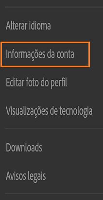 Escolher Informações da conta no Lightroom na Web