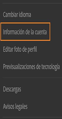 Elegir Información de la cuenta en Lightroom en Internet