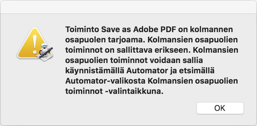 Virhe Word-asiakirjan tulostamisessa Adobe PDF -tiedostona