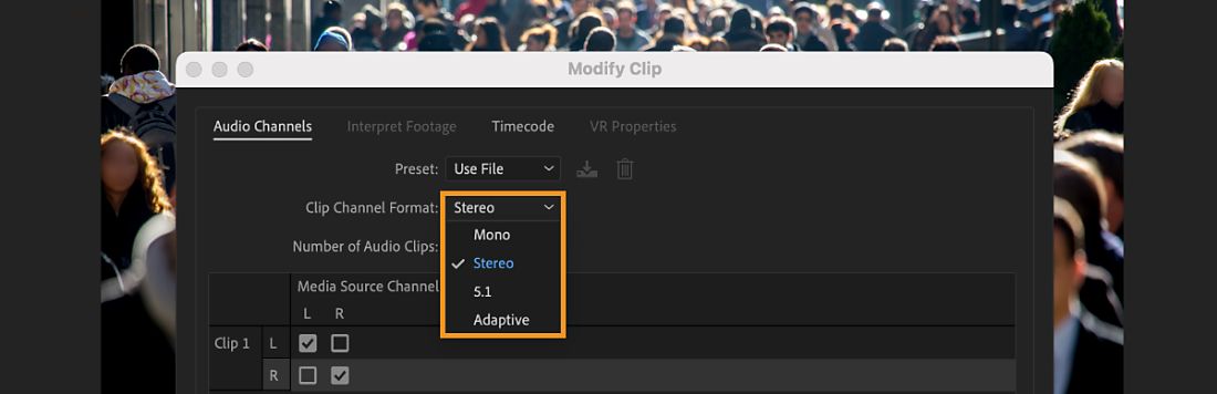 Estéreo seleccionado en el menú desplegable Formato de canal de clip del cuadro de diálogo Modificar clip en Premiere Pro.