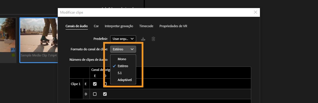 Estéreo selecionado no menu suspenso Formato de canal do clipe da caixa de diálogo Modificar clipe no Premiere Pro.