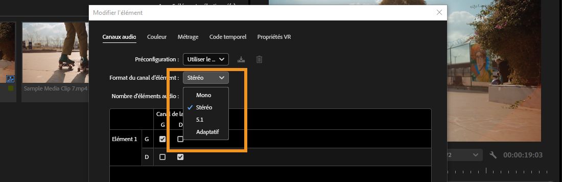 Stéréo sélectionné dans le menu déroulant Format de canal du clip de la boîte de dialogue Modifier le clip dans Premiere Pro.