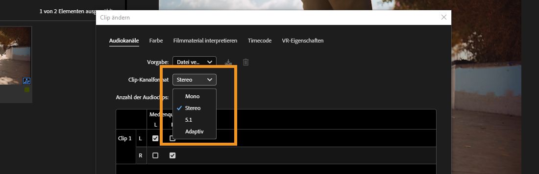 Das Dropdown-Menü „Clip-Kanalformat“ des Dialogfelds „Clip ändern“ in Premiere Pro, in dem die Option „Stereo“ ausgewählt ist.