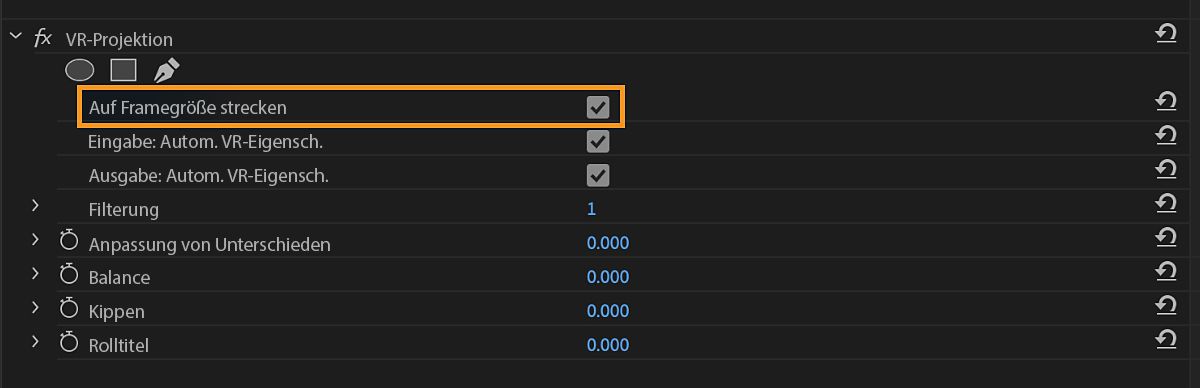 Im Bedienfeld „Effekte“ sind VR-Projektionseffekte aufgelistet, darunter ist die Eigenschaft „Auf Framegröße strecken“ aktiviert.