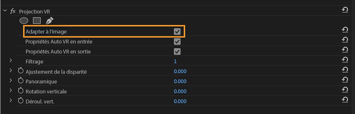 Dans le panneau Effets, les effets de projection VR sont répertoriés et, en dessous, la propriété Étirer pour remplir le cadre est activée.