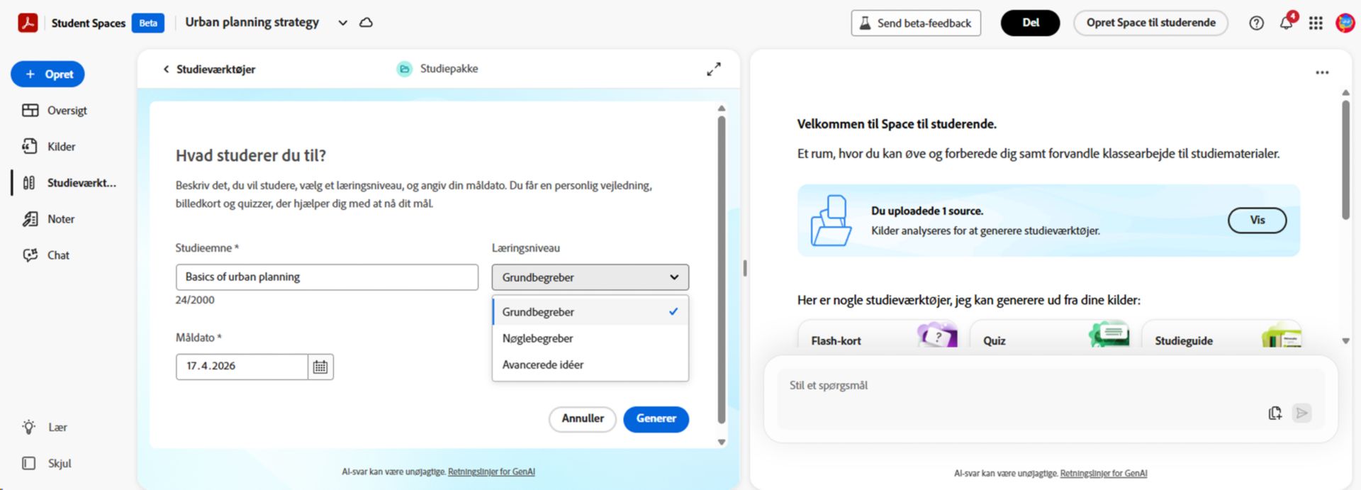 Student Space-interface, der viser opsætningspanelet for studiepakke, hvor en bruger definerer et studieemne, vælger et læringsniveau og indstiller en måldato sammen med navigationen Studieværktøjer og uploadede kilder.