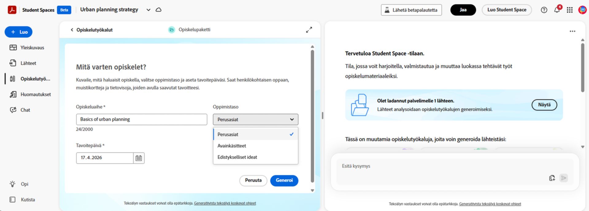 Student Space -käyttöliittymä, jossa näkyy Opiskelupaketin asetuspaneeli, jossa käyttäjä määrittelee opiskeluaiheen, valitsee oppimistason ja asettaa tavoitepäivän opiskelutyökalujen navigoinnin ja ladattujen lähteiden rinnalla.