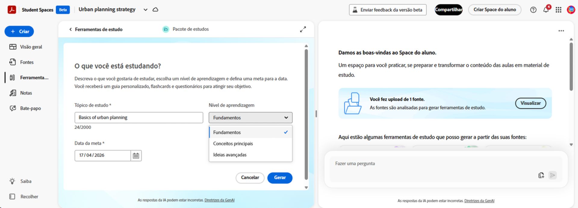 Interface do Space do aluno mostrando o painel de configuração do pacote de estudos, onde um usuário define um tópico de estudo, seleciona um nível de aprendizado e define uma data da meta, junto com a navegação das ferramentas de estudo e fontes enviadas.