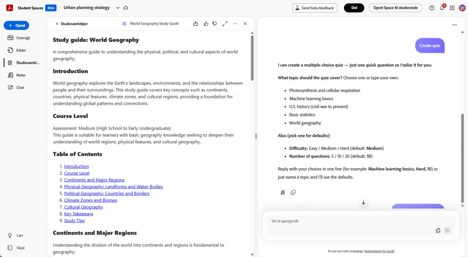 Student Space viser en genereret studievejledning med en introduktion, anbefalede kursusniveauer, strukturerede emner med citater og en opfordring til at tage en kort quiz for at tjekke forståelsen.