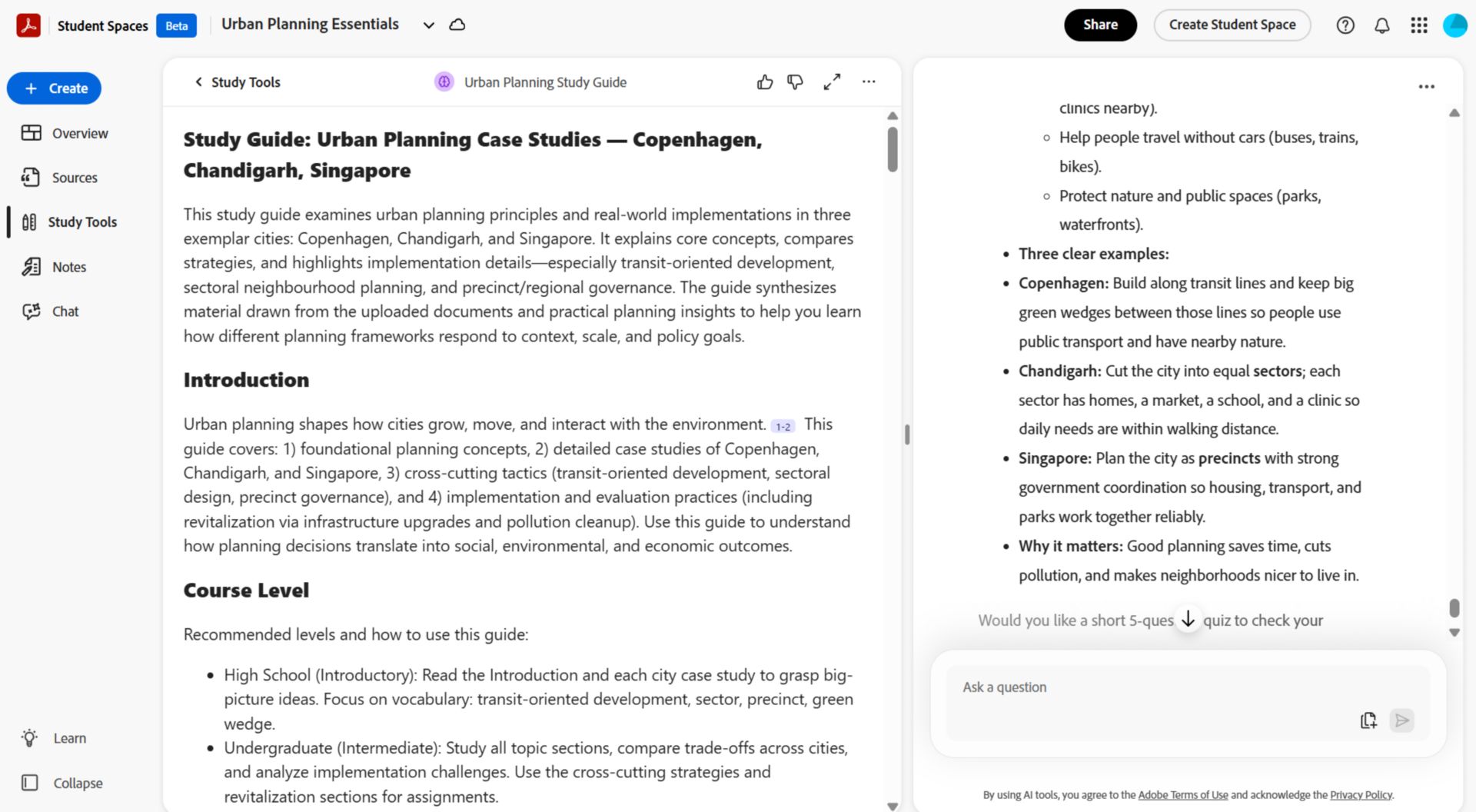 Student Space na nagpapakita ng na-generate na study guide na may introduction, mga recommended course level, mga structured topic na may mga citation, at prompt na sumagot ng maikling quiz para suriin ang pag-unawa.