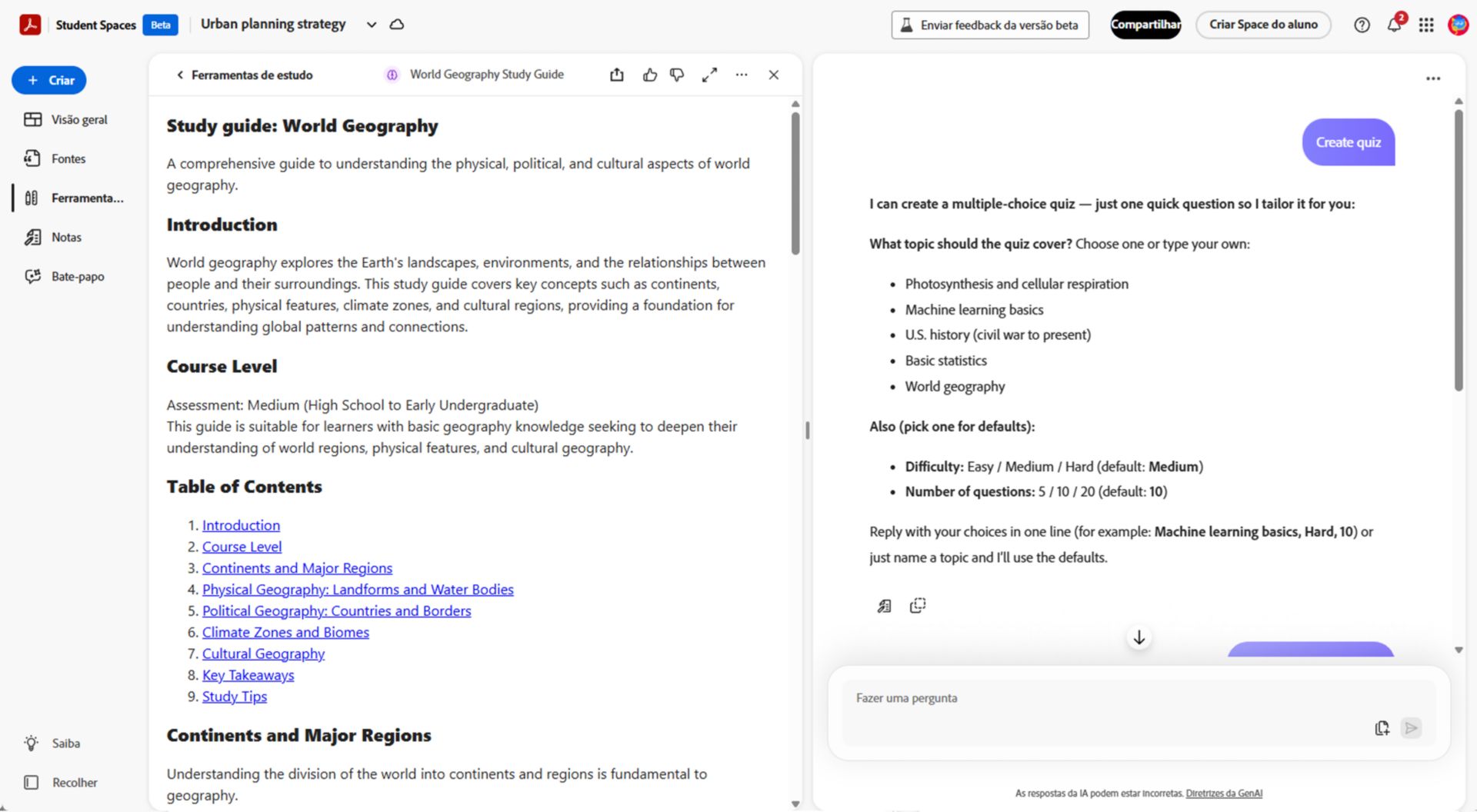 Student Space mostrando um guia de estudos gerado com uma introdução, níveis de curso recomendados, tópicos estruturados com citações e um prompt para fazer um questionário rápido para verificar a compreensão.