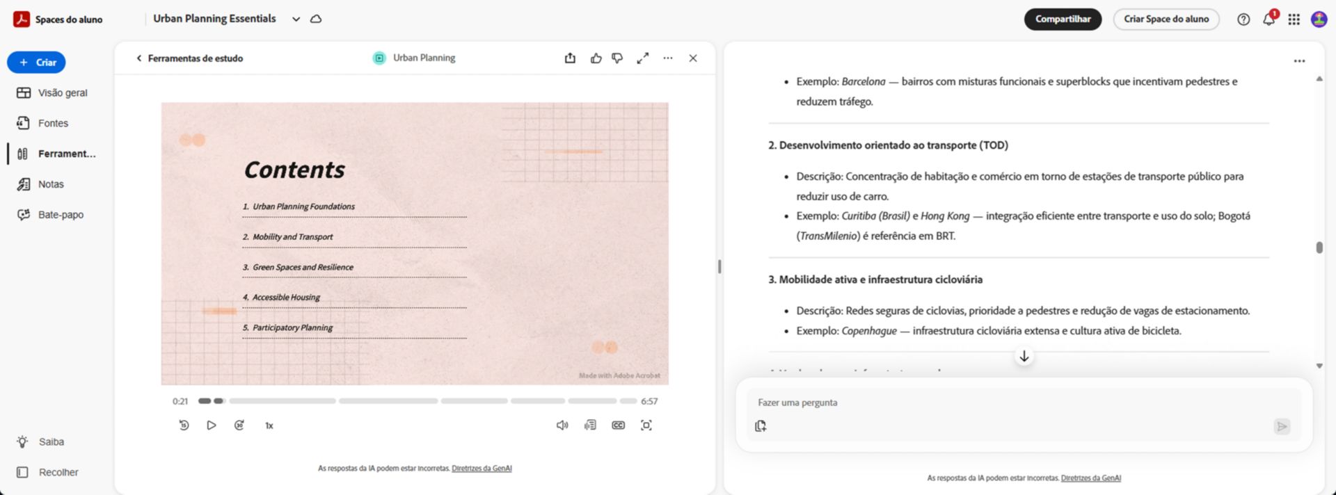 Space do aluno mostrando um resumo de vídeo gerado com um slide de conteúdo, controles de reprodução e painel de ferramentas de estudo junto com os materiais de origem.