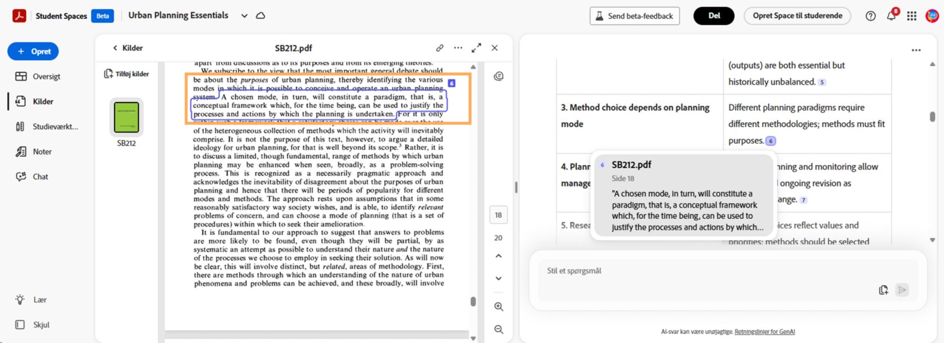 Student Space, der viser en kilde-PDF ved siden af en AI-forklaring med citatmarkører, der linker forklaringer direkte til det refererede afsnit i det oprindelige dokument.