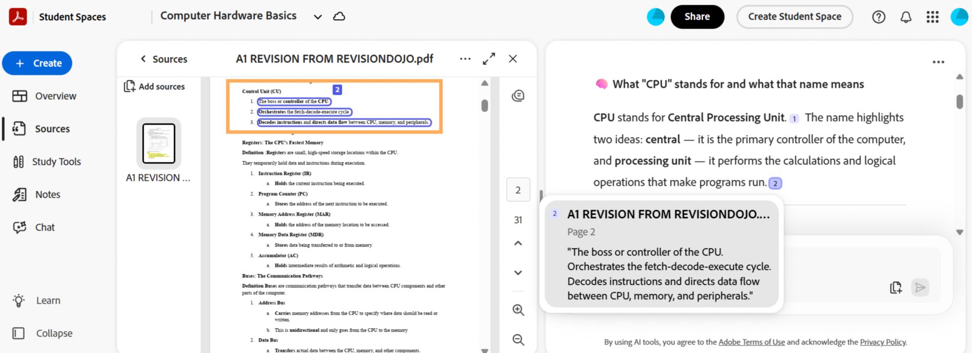 Student Space na nagpapakita ng source PDF kasama ng paliwanag ng AI, na may mga citation marker na nag-link ng mga paliwanag na direkta sa na-reference na seksyon sa orihinal na dokumento.